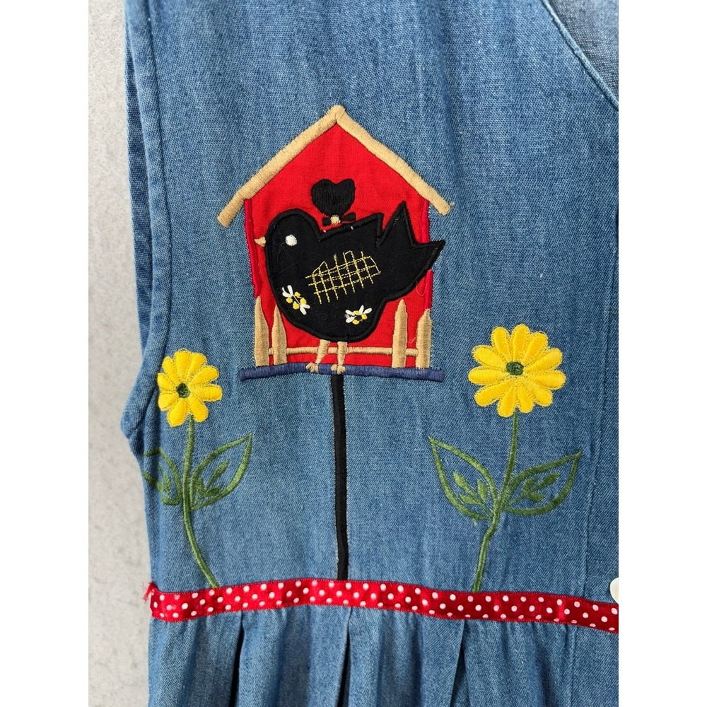 VTG Denim Jumper Dress Blue Embroidered Birdhouse Button Front Mid - Picture 3 of 10